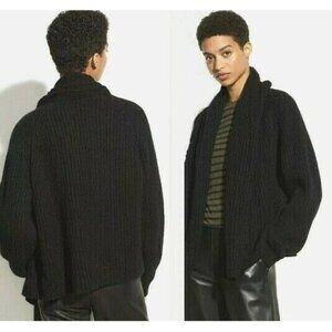 Vince Oversize Shawl Collar Soft Plush WoolBlend Rib Knit Cardigan Black XS $465